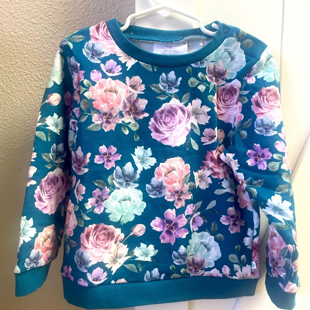 Posh Peanut 5T dark blue flowered sweatshirt. Gently worn.